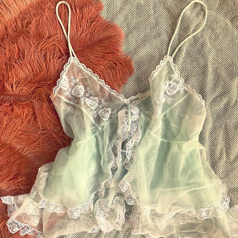 Vintage Sheer Mint faux tie-front Teddy Top
